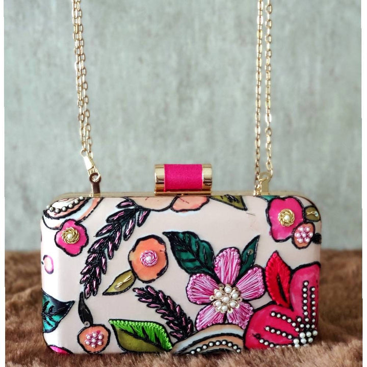 Peach color floral printed Embroidered embellished Evening Clutch  , Party Purse Indian Zardozi Clutch Sling,Wedding Bridal Bag,Gift for her