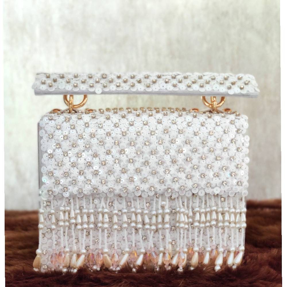 White Evening Clutch Handbag , Party Purse Indian Zardozi Clutch Sling, White Wedding Bridal Clutch Bag,  Embroidered Evening Clutch, Gift