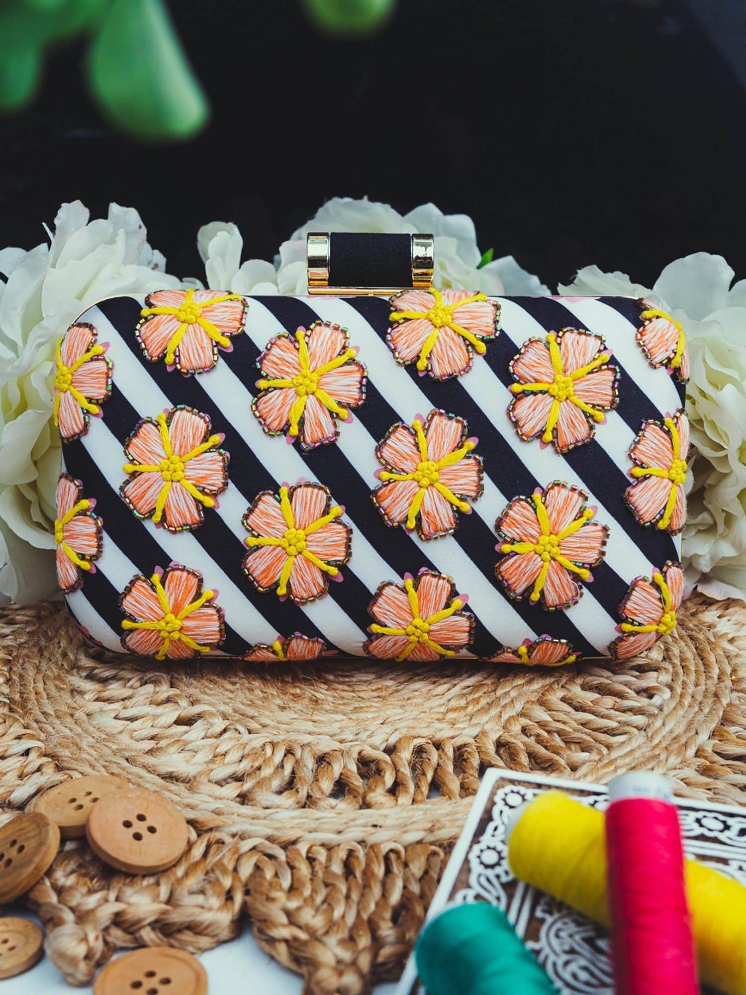 White floral printed Embroidered embellished Evening Clutch  , Party Purse Indian Zardozi Clutch Sling,Wedding Bridal Bag,Gift for her